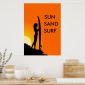 Sunset Surfer Girl met surfboard, Sun, Zand Surf Poster (Keuken)
