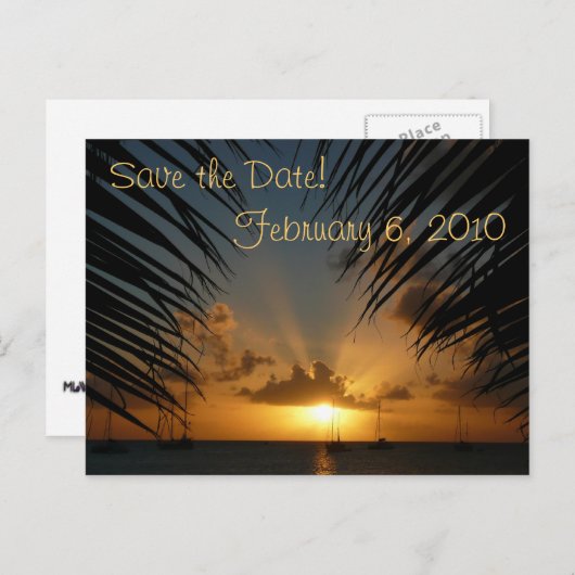 Sunset Through Palm Fronds Save the Date Briefkaar Aankondigingskaart (Voorkant / Achterkant)