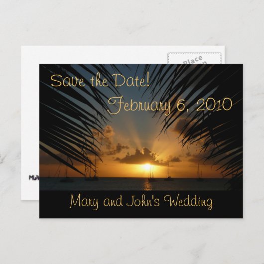 Sunset Through Palm Fronds Save the Date Briefkaar Aankondigingskaart (Voorkant / Achterkant)