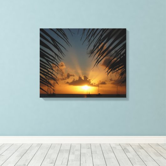 Sunset Through Palm Fronds Tropical Seascape Canvas Afdruk (Insitu (Houten vloer))