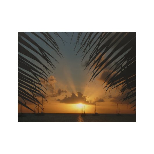 Sunset Through Palm Fronds Tropical Seascape Houten Poster (Voorkant)