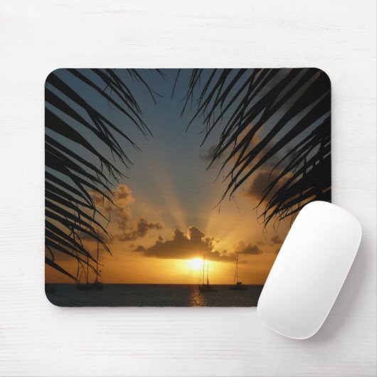 Sunset Through Palm Fronds Tropical Seascape Muismat (Met muis)