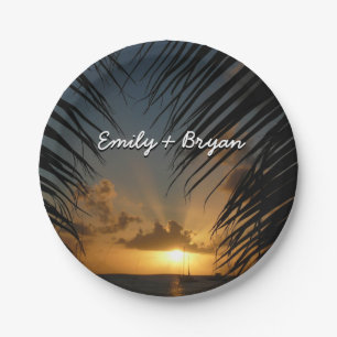 Sunset Through Palm Fronds Tropical Seascape Papieren Bordje