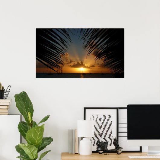 Sunset Through Palm Fronds Tropical Seascape Poster (Thuiskantoor)