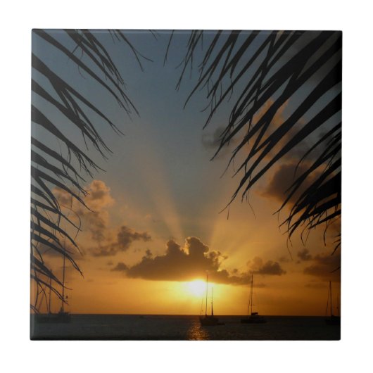 Sunset Through Palm Fronds Tropical Seascape Tegeltje (Voorkant)