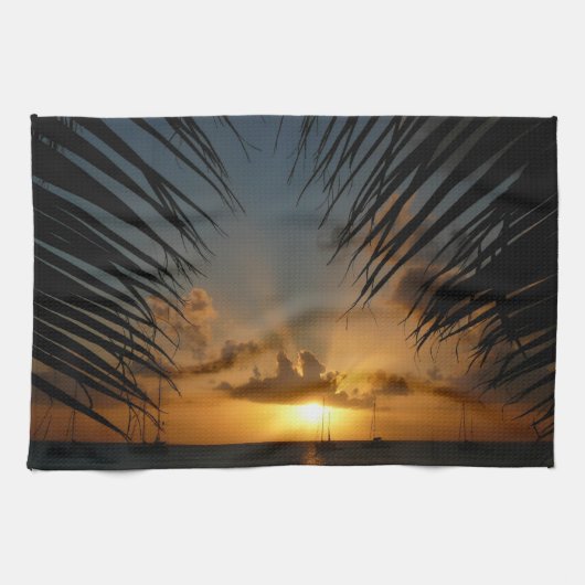 Sunset Through Palm Fronds Tropical Seascape Theedoek (Horizontaal)