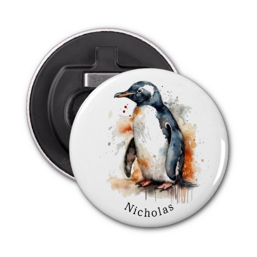 Sunset Tones Waterverf Penguin, op maat Button Flesopener (Voorkant)