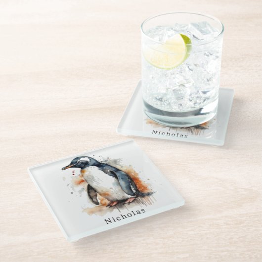 Sunset Tones Waterverf Penguin, op maat Glazen Onderzetter (Schuin)