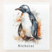 Sunset Tones Waterverf Penguin, op maat Glazen Onderzetter (Voorkant)