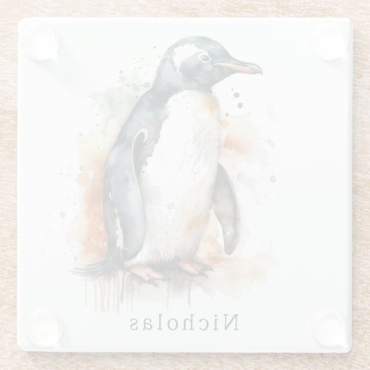 Sunset Tones Waterverf Penguin, op maat Glazen Onderzetter (Achterkant)