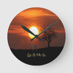 Sunset, Tree, Birds, Greyhound, Dog Ronde Klok