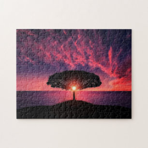 Sunset Tree Jigzaag Puzzle Red Clouds Sky Legpuzzel