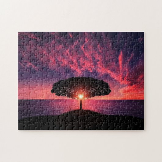 Sunset Tree Jigzaag Puzzle Red Clouds Sky Legpuzzel (Horizontaal)