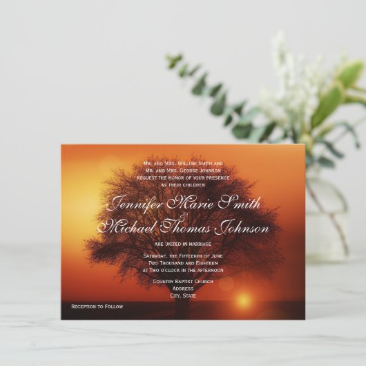 Sunset Tree Silhouette Fall Wedding Invitting Kaart (Staand voorkant)