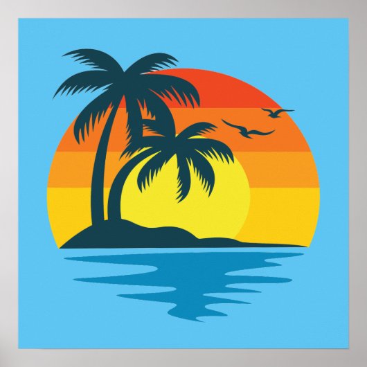 Sunset Tropical Beach Palm Ocean Poster (Voorkant)