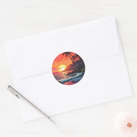 Sunset Tropical Beach Paradise Island  Ronde Sticker (Envelop)