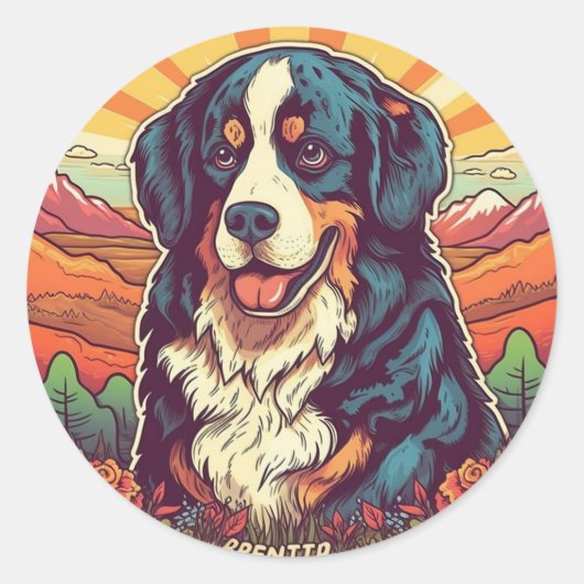 Sunset Valley Bernese Mountain Dog Ronde Sticker (Voorkant)