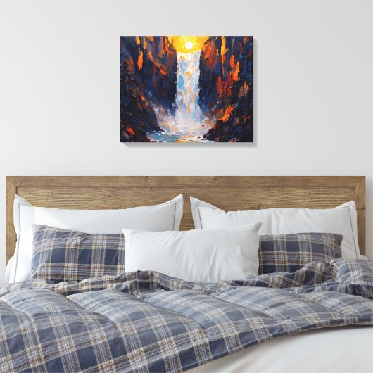 Sunset Waterfall Premium Wrapped Canvas Muurkunst (Insitu (Slaapkamer))