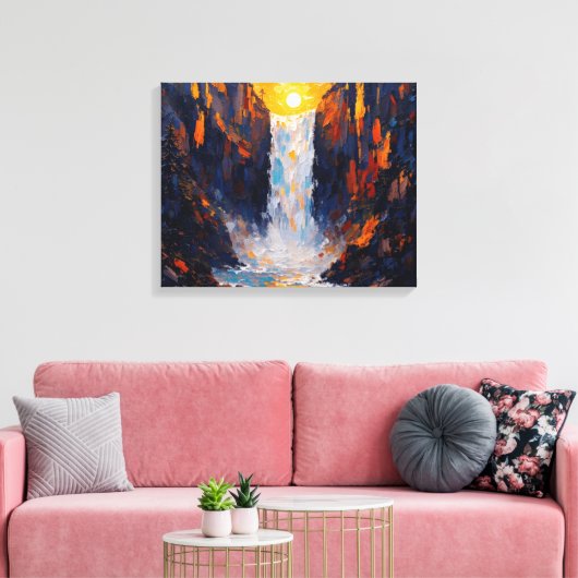 Sunset Waterfall Premium Wrapped Canvas Muurkunst (Insitu (Woonkamer))