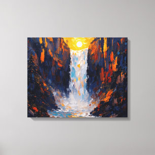 Sunset Waterfall Premium Wrapped Canvas Muurkunst Afdruk