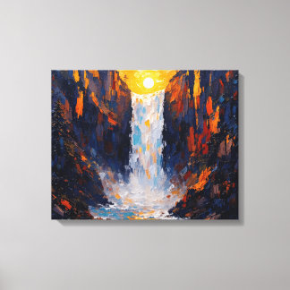 Sunset Waterfall Premium Wrapped Canvas Muurkunst Afdruk