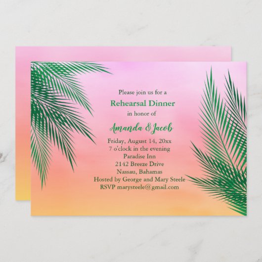 Sunset Waterverf Palm Leaves Rehearsal Dinner Kaart (Voorkant / Achterkant)