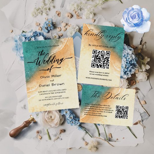 Sunset Waterverf Shoreline Tropical Beach Wedding Kaart