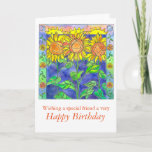 Sunset Waterverf Sunflower Happy Birthday Friend Kaart<br><div class="desc">Een verjaardagskaart voor een vriend met een heldere en kleurrijke trio van zonnebloemen, met kleinere zonnebloemen en drie zonnestralen langs de bovenste rand, met de halve maan en volle maan, getekend in pen en inkt en geschilderd met waterverf. Dit schilderij komt uit een tekening in mijn kleurboek, Lila's Garden: Een...</div>