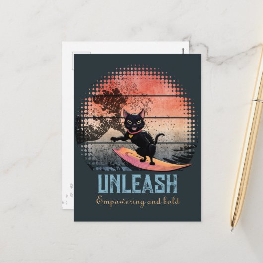 Sunset Wave-Riding Cat Feestdagenkaart (Voorkant / Achterkant in situ)