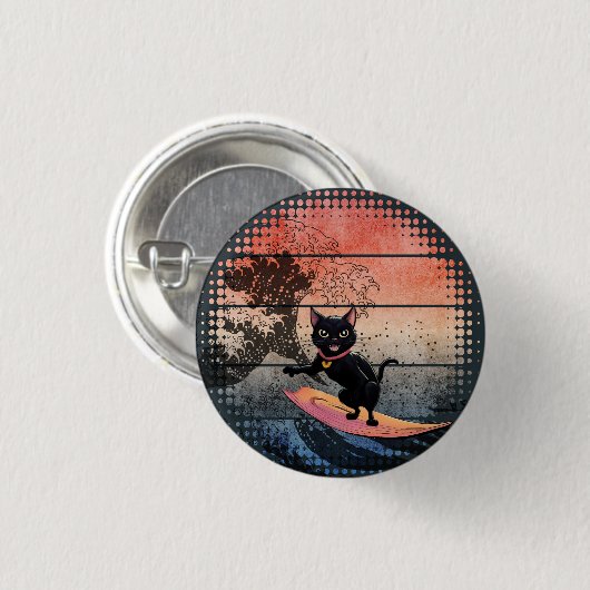 Sunset Wave-Riding Cat Ronde Button 3,2 Cm (Voorkant /achterkant)