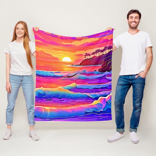 Sunset Waves: levendige kustdroom Fleece Deken (In situ)