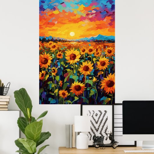 Sunset Zonnebloem Field Wall Art Poster (Thuiskantoor)