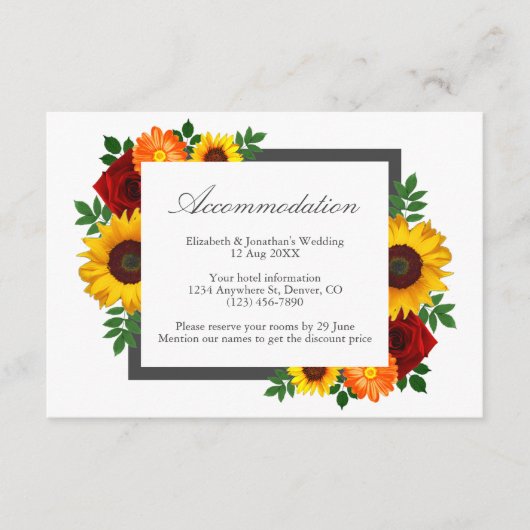 Sunset Zonnebloem Roos Bloemen Bruiloft Accommodat Informatiekaartje (Voorkant)