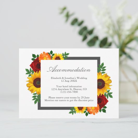 Sunset Zonnebloem Roos Bloemen Bruiloft Accommodat Informatiekaartje (Staand voorkant)