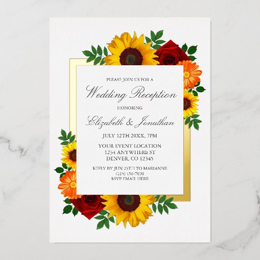 Sunset Zonnebloem Roos Bloemen Bruiloft Receptie Folie Uitnodiging (Voorkant)
