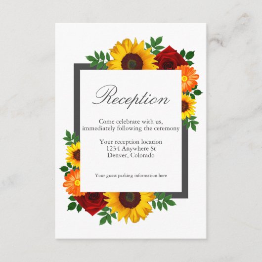 Sunset Zonnebloem Roos Bloemen Bruiloft Receptie Informatiekaartje (Voorkant)