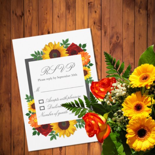 Sunset Zonnebloem Roos Bloemen Bruiloft RSVP Kaartje