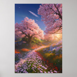 Sunset's Magic op een weide van bloemen Poster