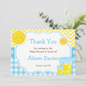 Sunshine and Lemonade Blue and Yellow Baby shower Bedankkaart (Staand voorkant)