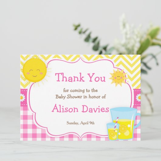 Sunshine and Lemonade Roze en Geel Baby shower Bedankkaart (Staand voorkant)