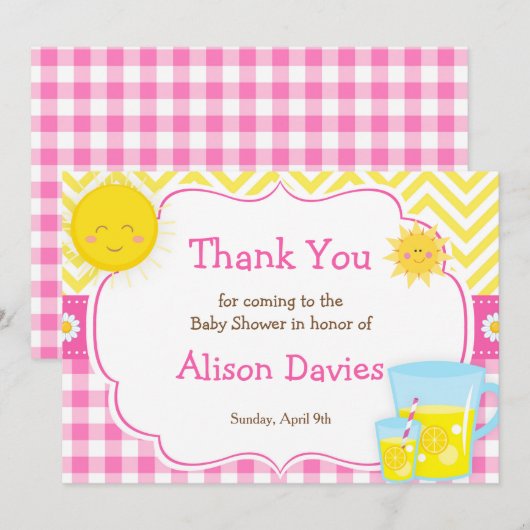 Sunshine and Lemonade Roze en Geel Baby shower Bedankkaart (Voorkant / Achterkant)
