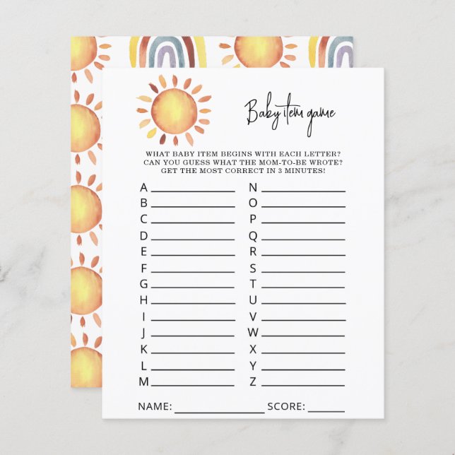 Sunshine Baby Item Game. Baby shower game (Voorkant / Achterkant)