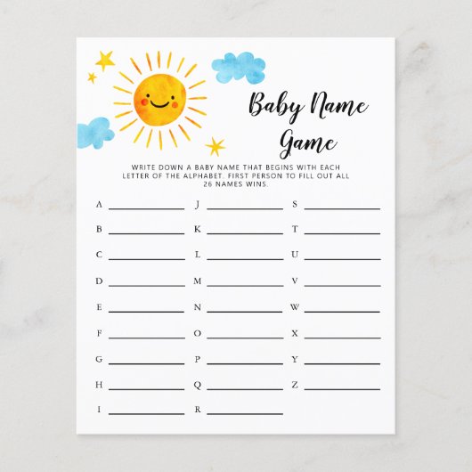 Sunshine Baby Name Shower Game (Voorkant)