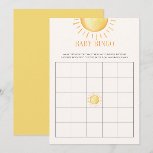 Sunshine Baby shower Bingo Game Kaart (Voorkant / Achterkant)