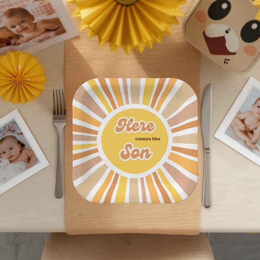 Sunshine Baby Shower Boho Retro Yellow Sunshine Papieren Bordje