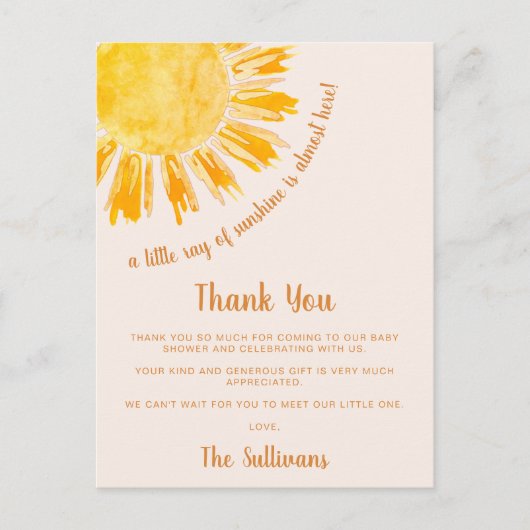 Sunshine Baby shower Dank u Briefkaart (Voorkant)
