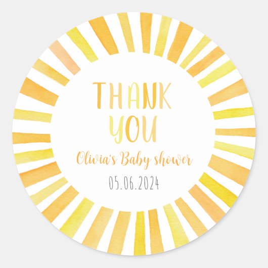 Sunshine Baby shower Dank u Ronde Sticker (Voorkant)