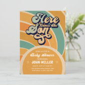 Sunshine Baby shower hier komen de zoon Retro Kaart (Staand voorkant)