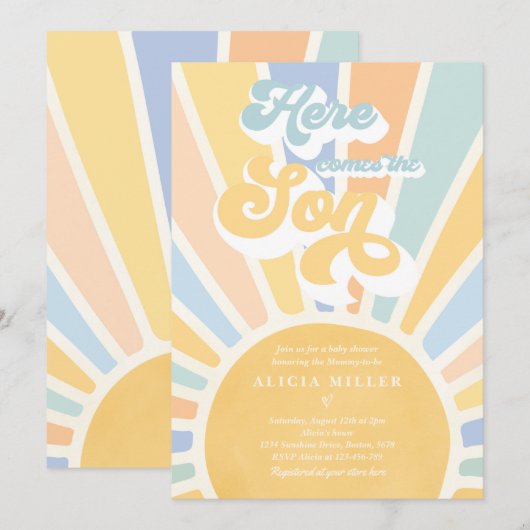 Sunshine Baby shower hier komt de Son Blue Rays Kaart (Voorkant / Achterkant)