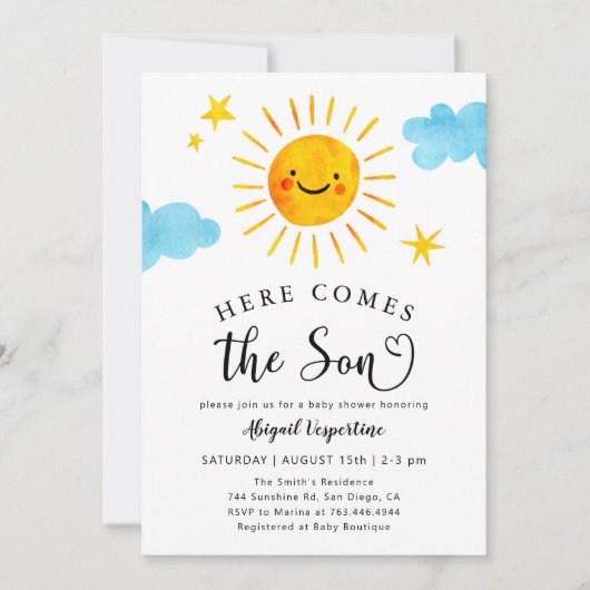 Sunshine Baby shower Hier komt de Son Invitation Kaart (Voorkant)